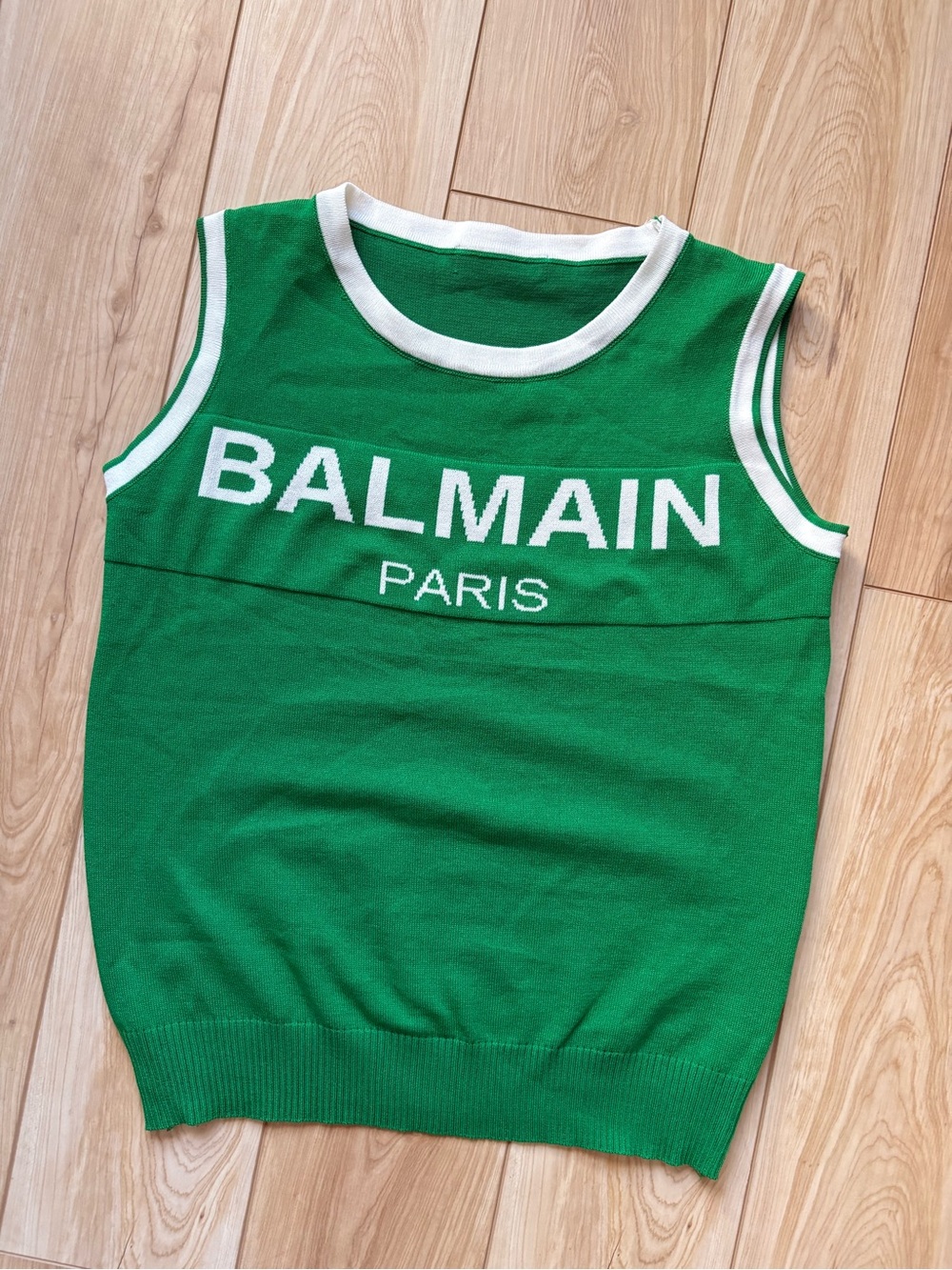 Balmain(?) Green Knit Logo Tank with White Trim Preppy Lux READ DESCRIPTION